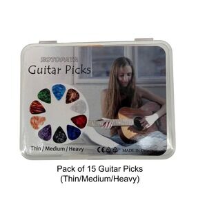 Rotopata 15 Pack‎ Guitar Picks w/Storage Box Thin Medium Heavy Multi Color Music